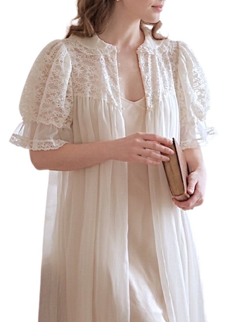Vtg 70s Seampruf cream sheer nylon chiffon puff lace sleeve robe dressing gown